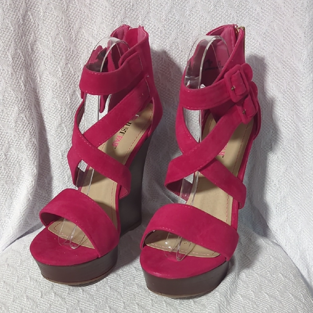 JustFab Red Platform Shoes with Peep-Toe Design
